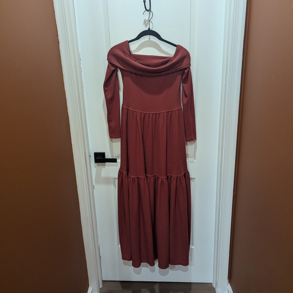 Free People Off-Shoulder Long Sleeve Dress in Burgundy